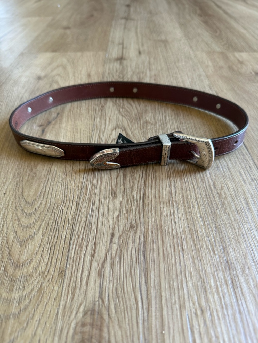 Vintage Brighton Brown Leather Silver Buckle Embossed Western Belt 29” Waist